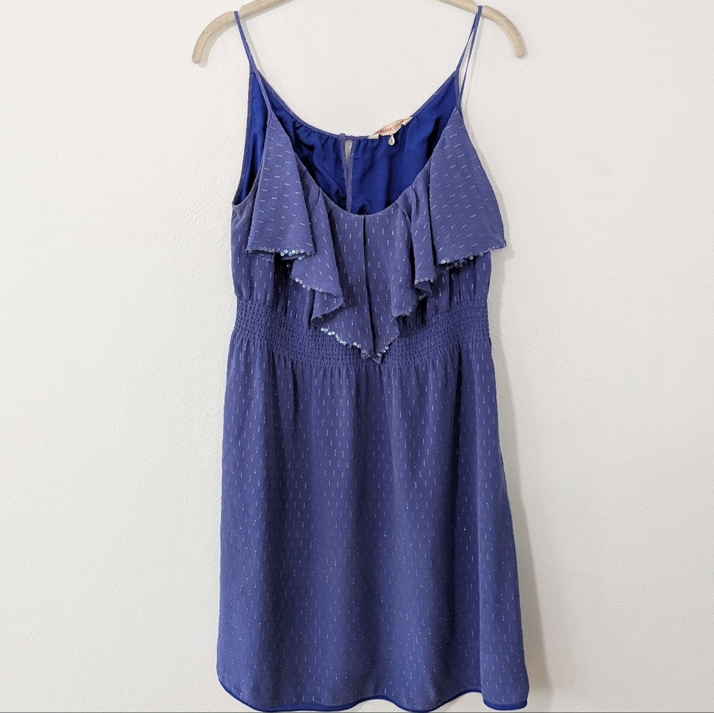 Rebecca Taylor Silk Ruffle Neck Mini Dress Sleeveless Sequins Blue Size 8